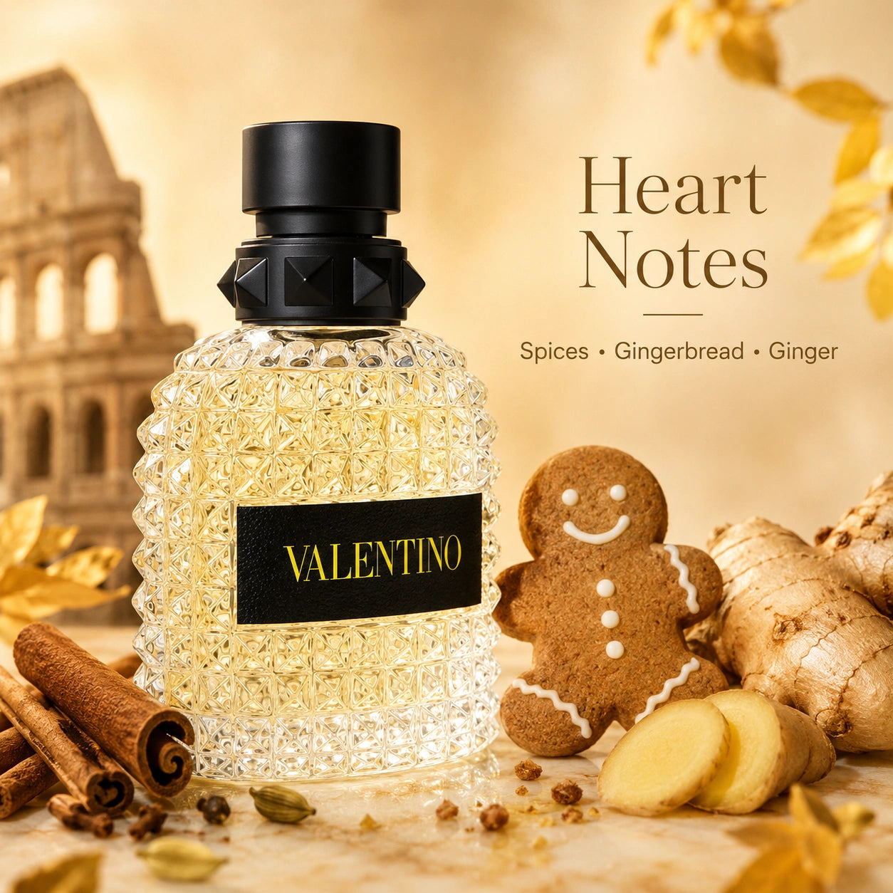 Valentino Uomo Born In Roma Yellow Dream EDT heart notes image with spices, gingerbread and ginger at Gadgets Online NZ