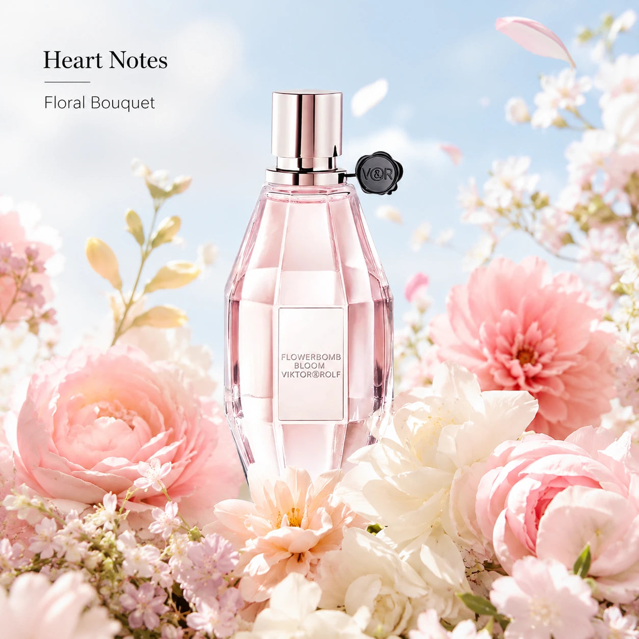 Viktor & Rolf Flowerbomb Bloom EDT 100ml heart notes image with a soft floral bouquet and airy spring blossom mood.