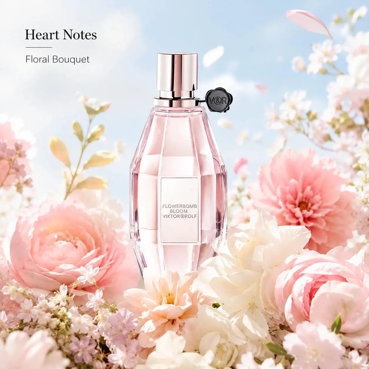 Viktor & Rolf Flowerbomb Bloom EDT 100ml heart notes image with a soft floral bouquet and airy spring blossom mood.