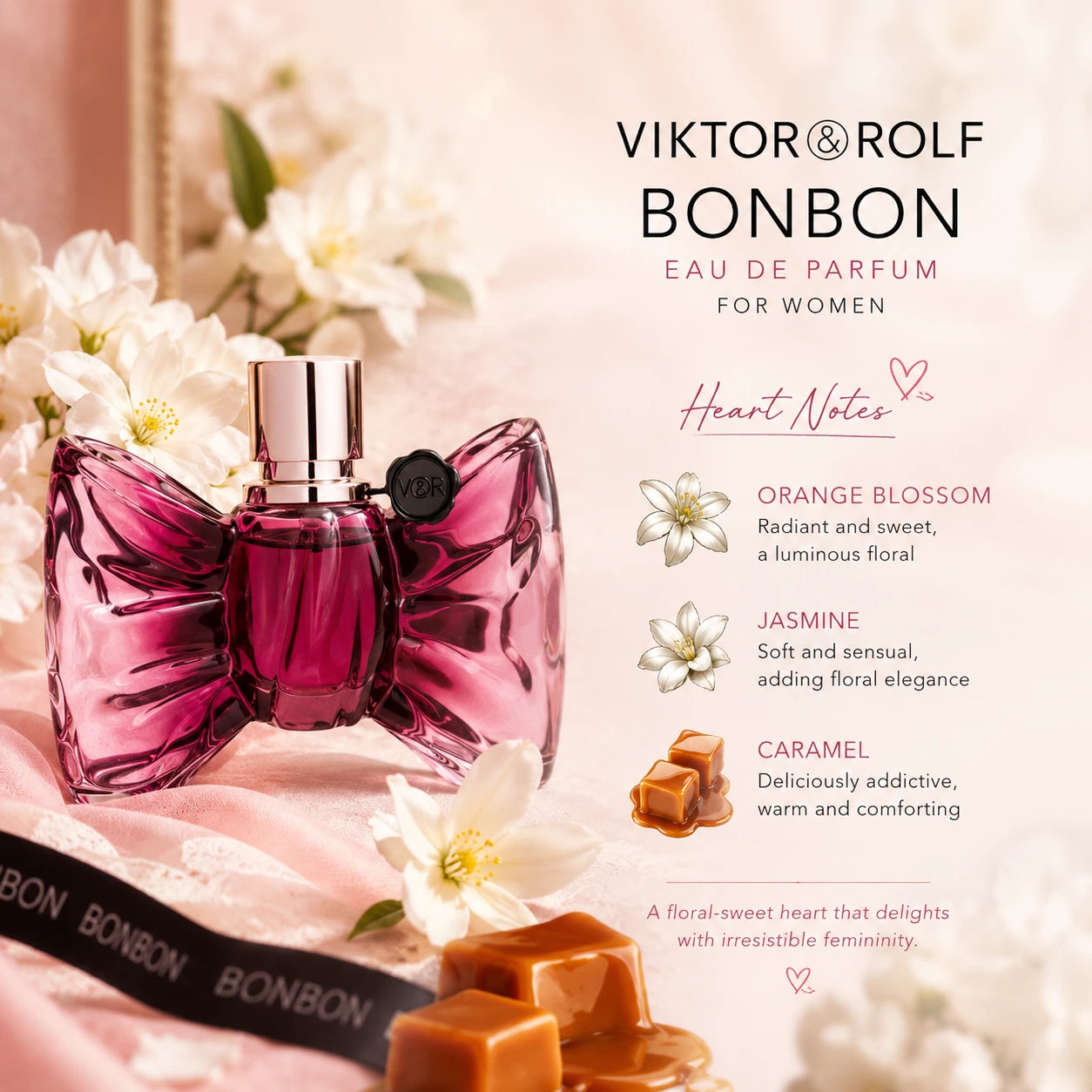 Viktor & Rolf Bonbon EDP 90ml heart notes image with orange blossom, jasmine and caramel presented in a soft romantic blush composition with the perfume bottle as the focus.