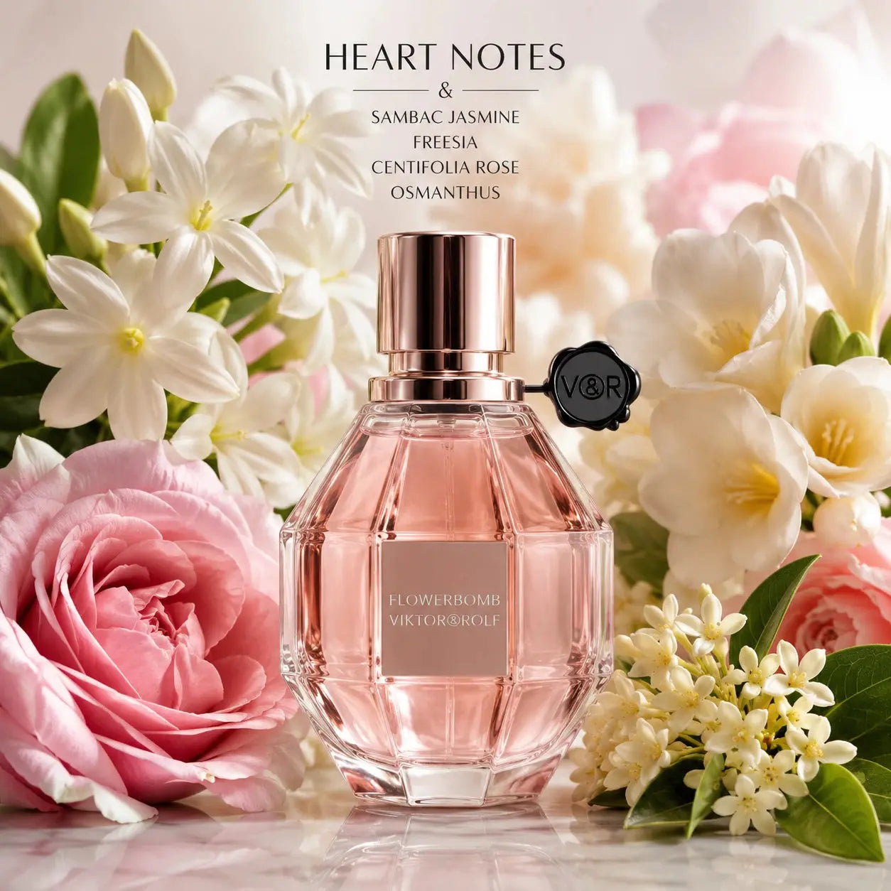 Viktor & Rolf Flowerbomb 50ml EDP heart notes image with sambac jasmine, freesia, centifolia rose and osmanthus around the Flowerbomb bottle.
