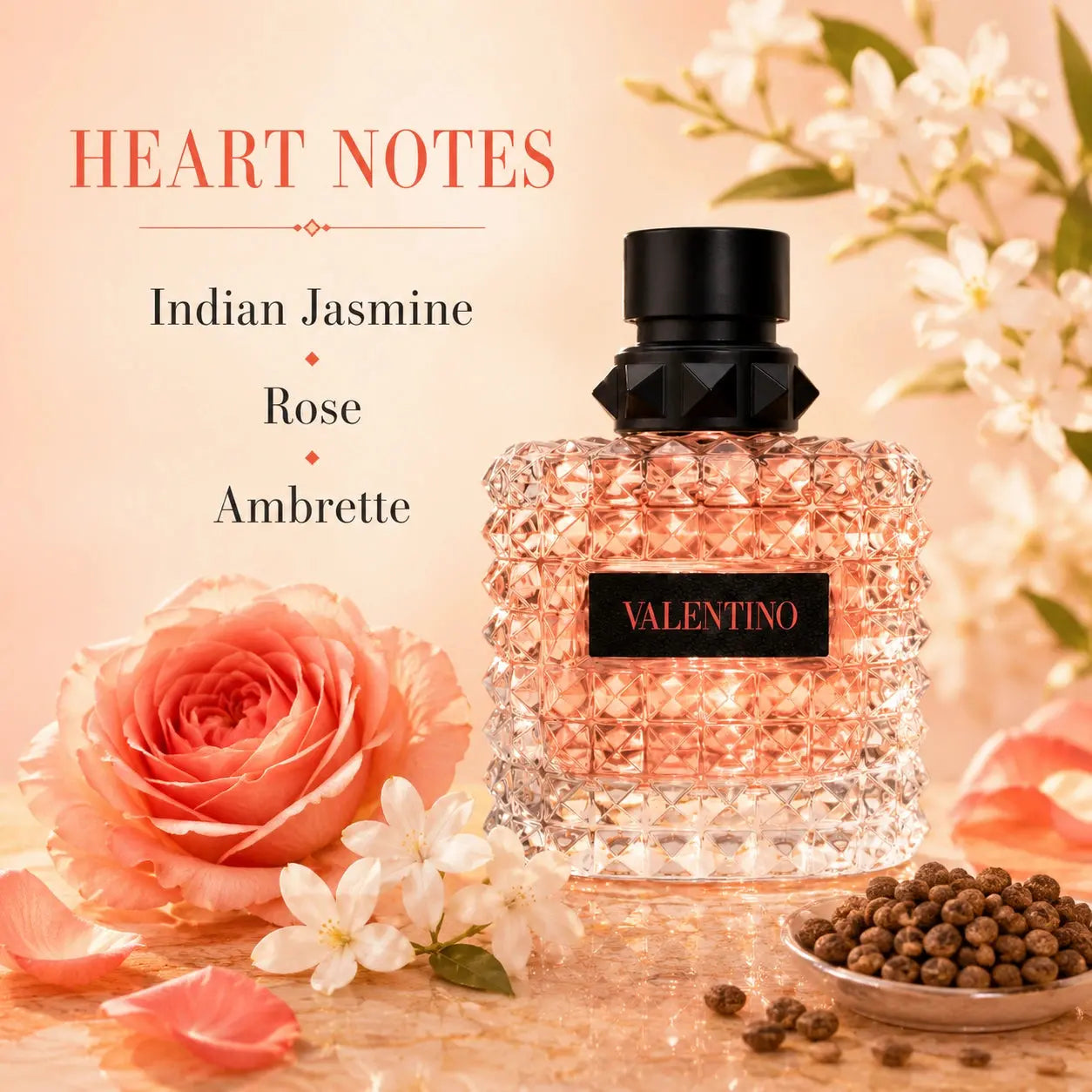 Valentino Donna Born In Roma Coral Fantasy heart notes image with Indian jasmine, rose and ambrette at Gadgets Online NZ