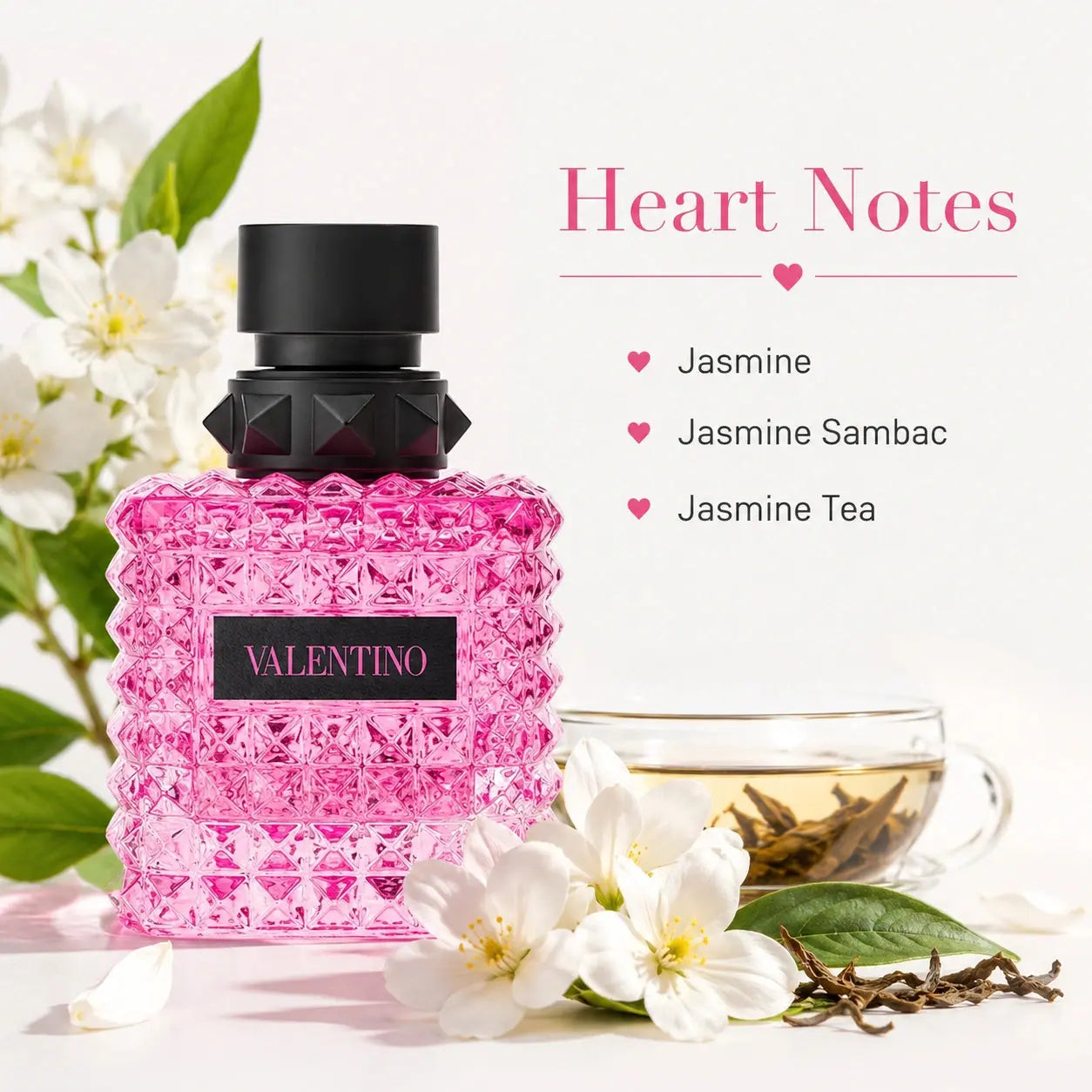 Valentino Donna Born In Roma heart notes image with jasmine, jasmine sambac and jasmine tea at Gadgets Online NZ
