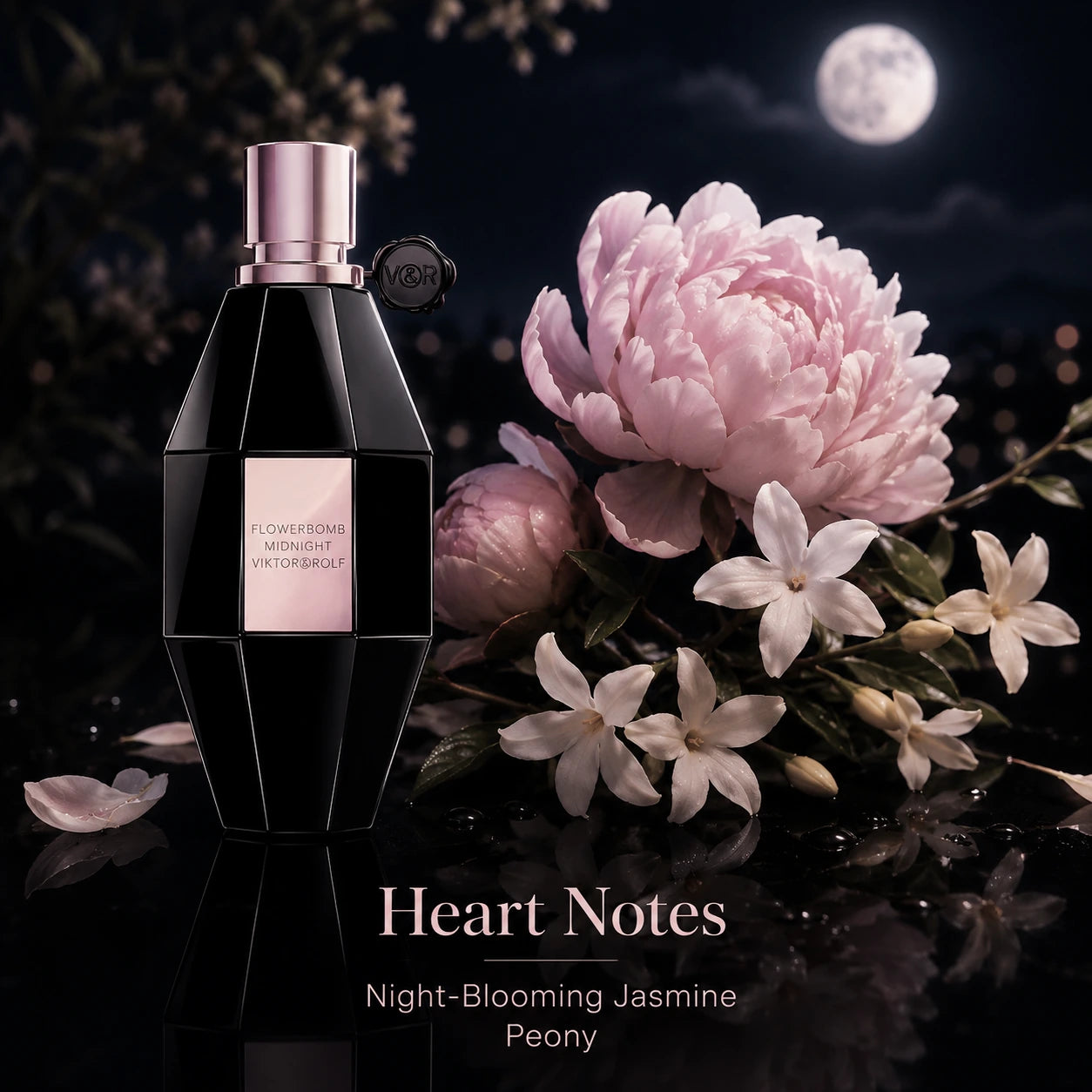Viktor & Rolf Flowerbomb Midnight EDP 100ml heart notes image with night-blooming jasmine and peony