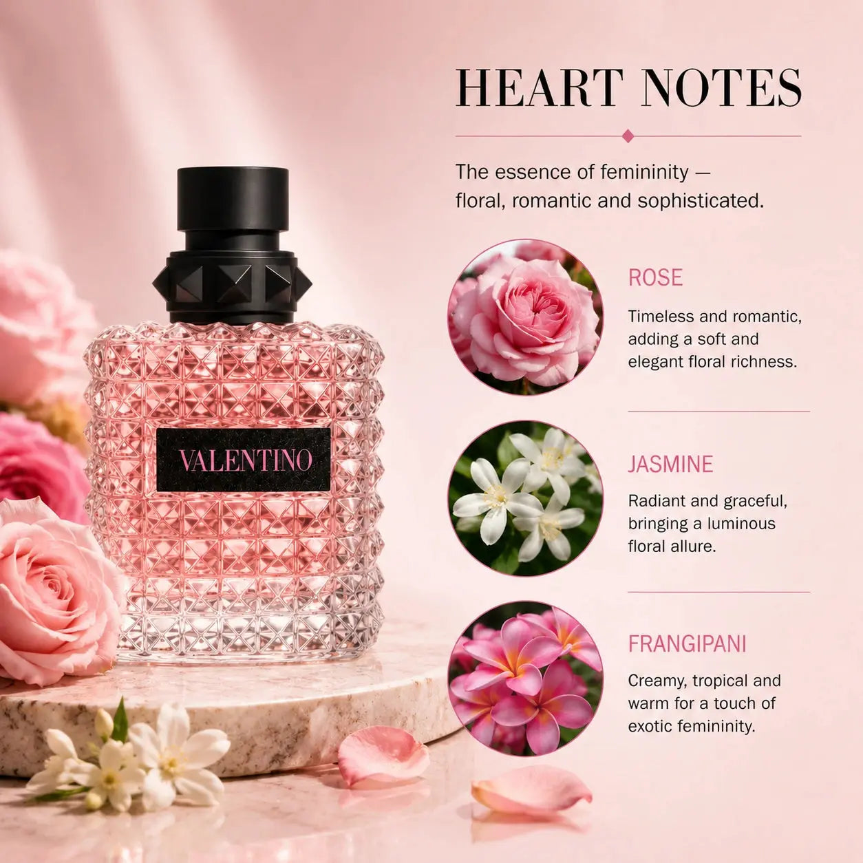 Valentino Donna Born In Roma EDP heart notes rose jasmine frangipani perfume education image