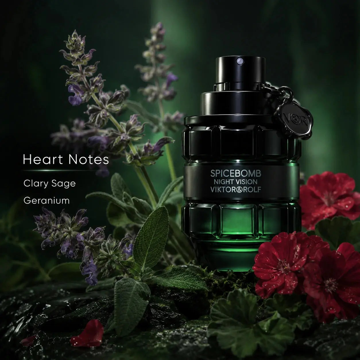 Viktor & Rolf Spicebomb Night Vision EDT 50ml heart notes image with clary sage and geranium in a dark green aromatic setting.