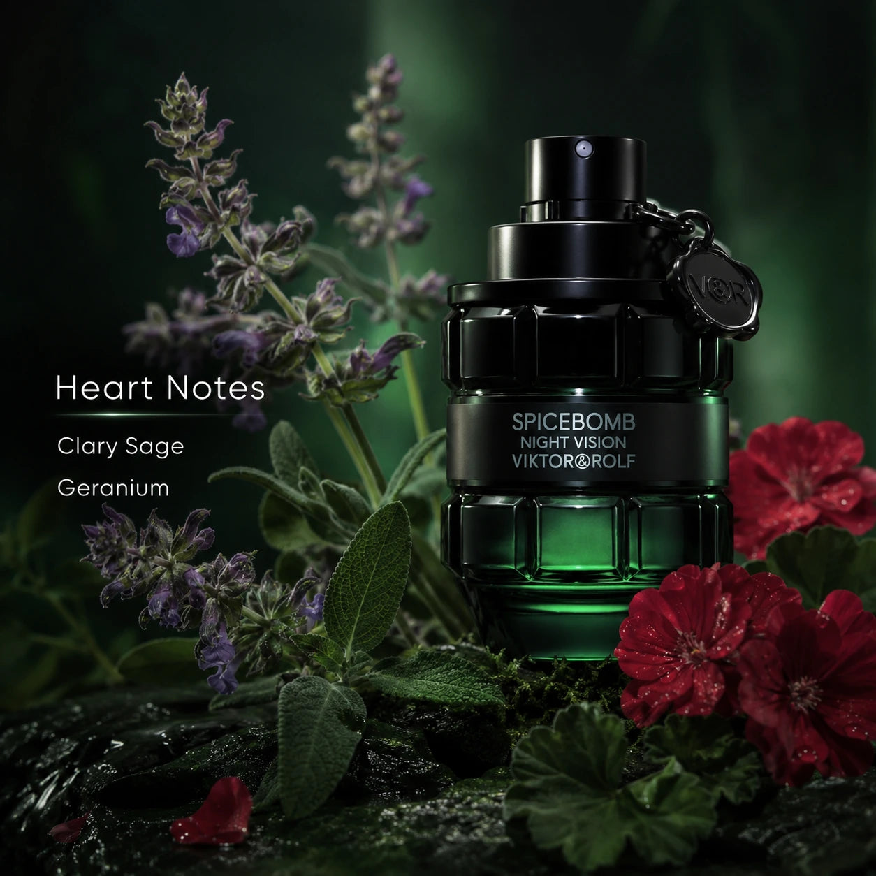 Viktor & Rolf Spicebomb Night Vision EDT 50ml heart notes image with clary sage and geranium in a dark green aromatic setting.