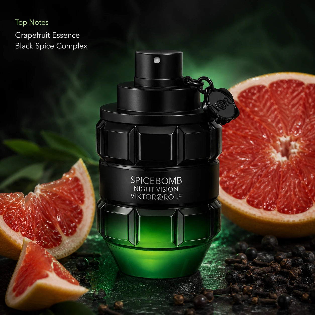 Viktor & Rolf Spicebomb Night Vision EDT 90ml heart notes close-up image with bold masculine detail.