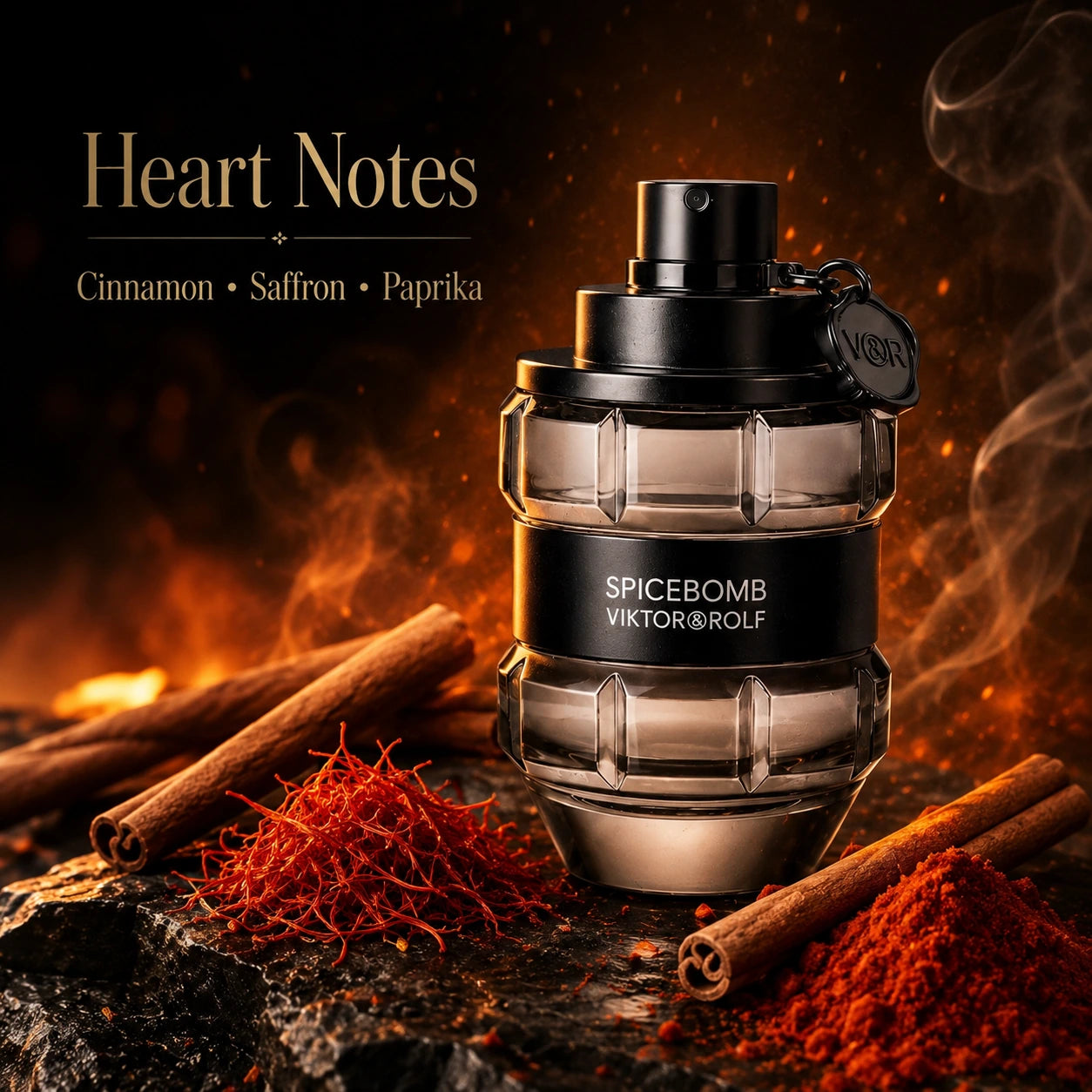 Heart notes image for Viktor & Rolf Spicebomb EDT 90ml for men with warm spicy aromatic character in a refined smoky setting.