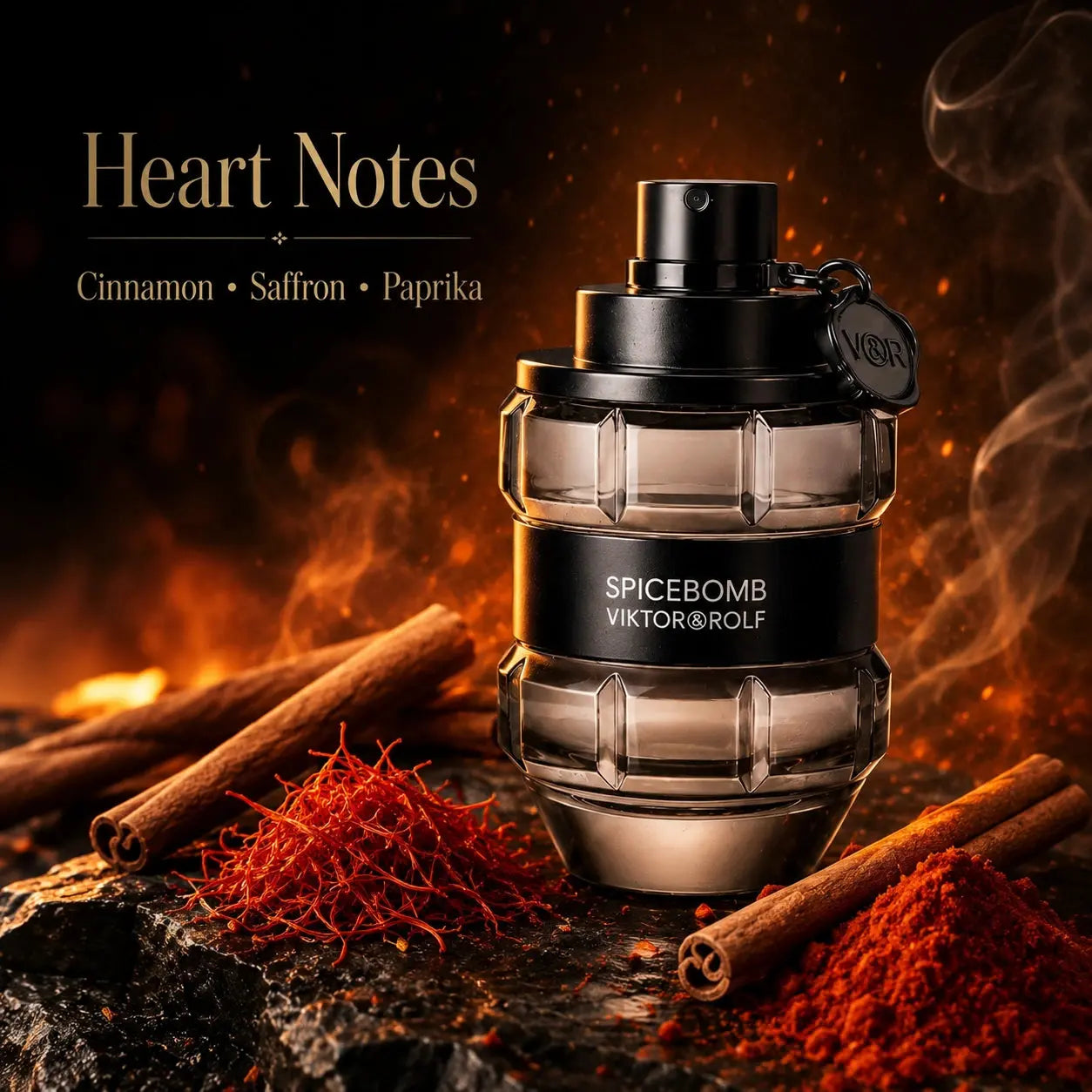 Heart notes image for Viktor & Rolf Spicebomb EDT 90ml for men with warm spicy aromatic character in a refined smoky setting.