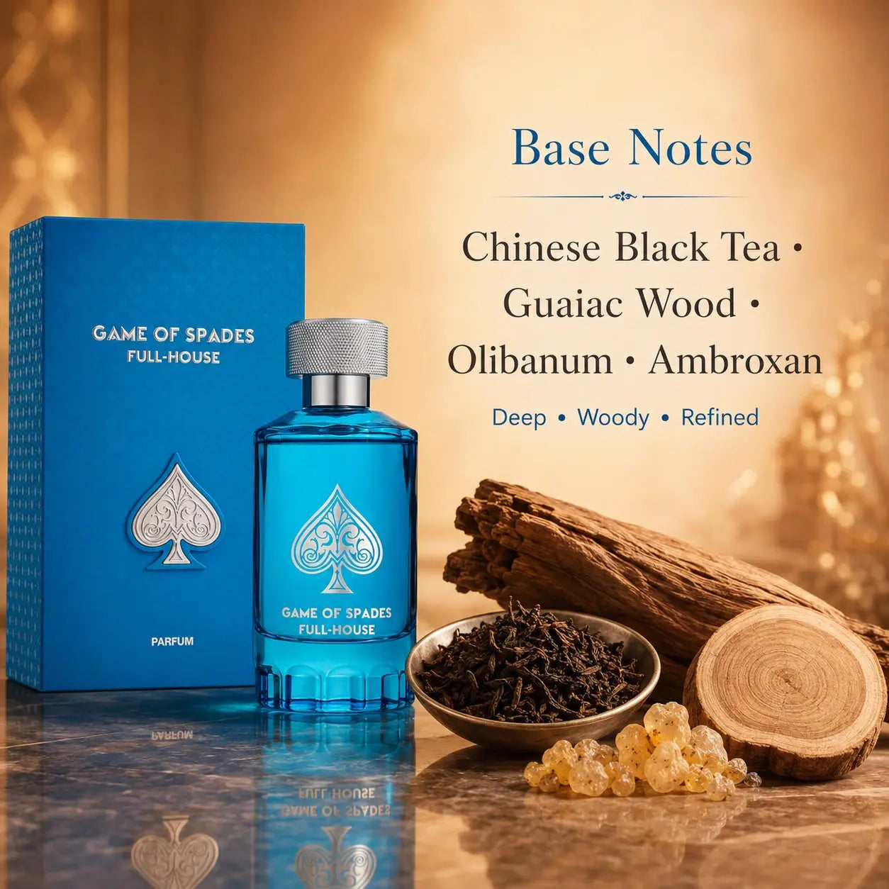 Jo Milano Game Of Spades Full House 100ml EDP base notes image showing Chinese black tea guaiac wood olibanum and ambroxan at Gadgets Online NZ