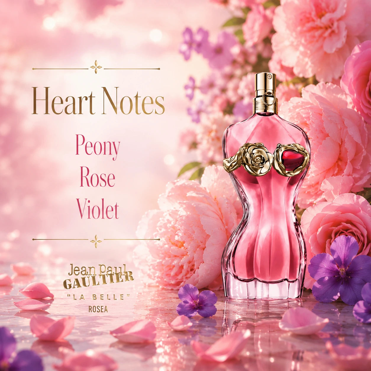 Jean Paul Gaultier La Belle Rosea EDP 100ml heart notes image showing peony rose and violet at Gadgets Online NZ