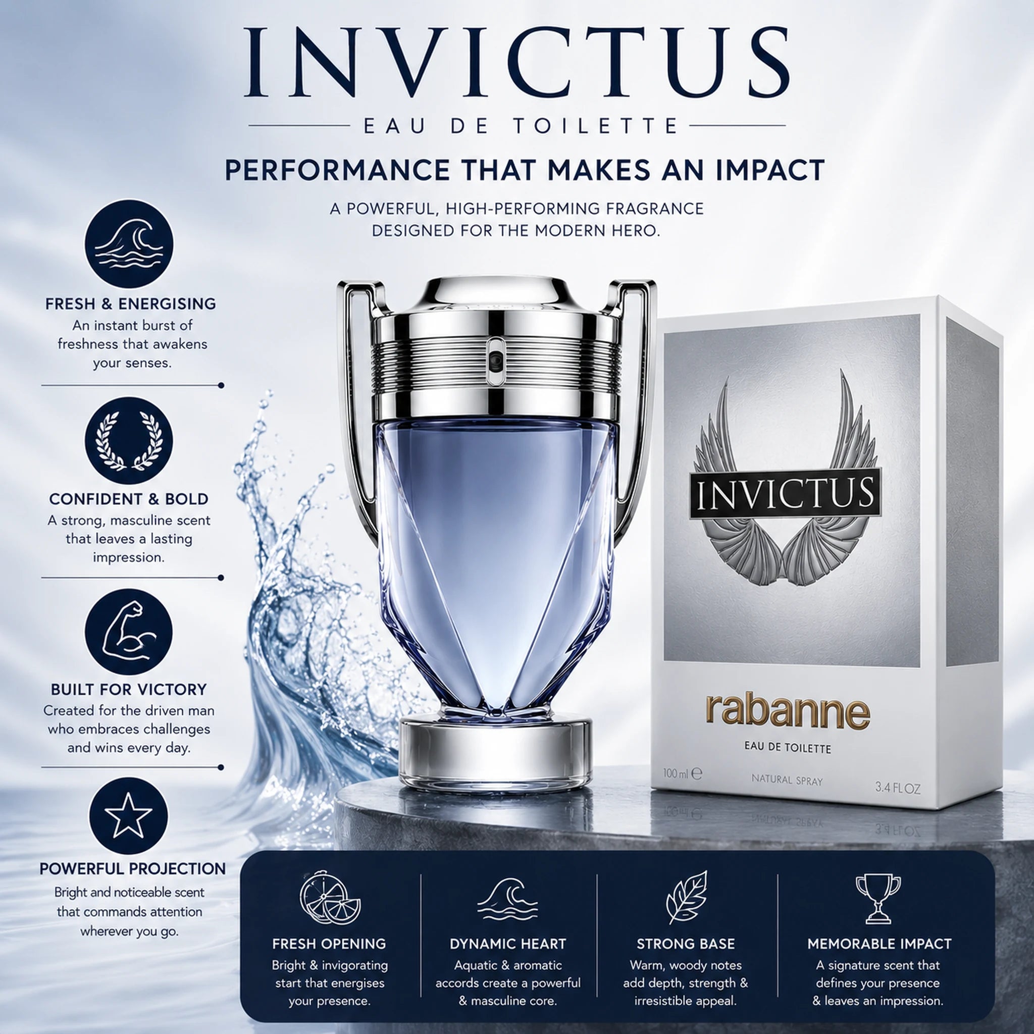 Invictus Eau de Toilette with bottle and packaging on a light gray background