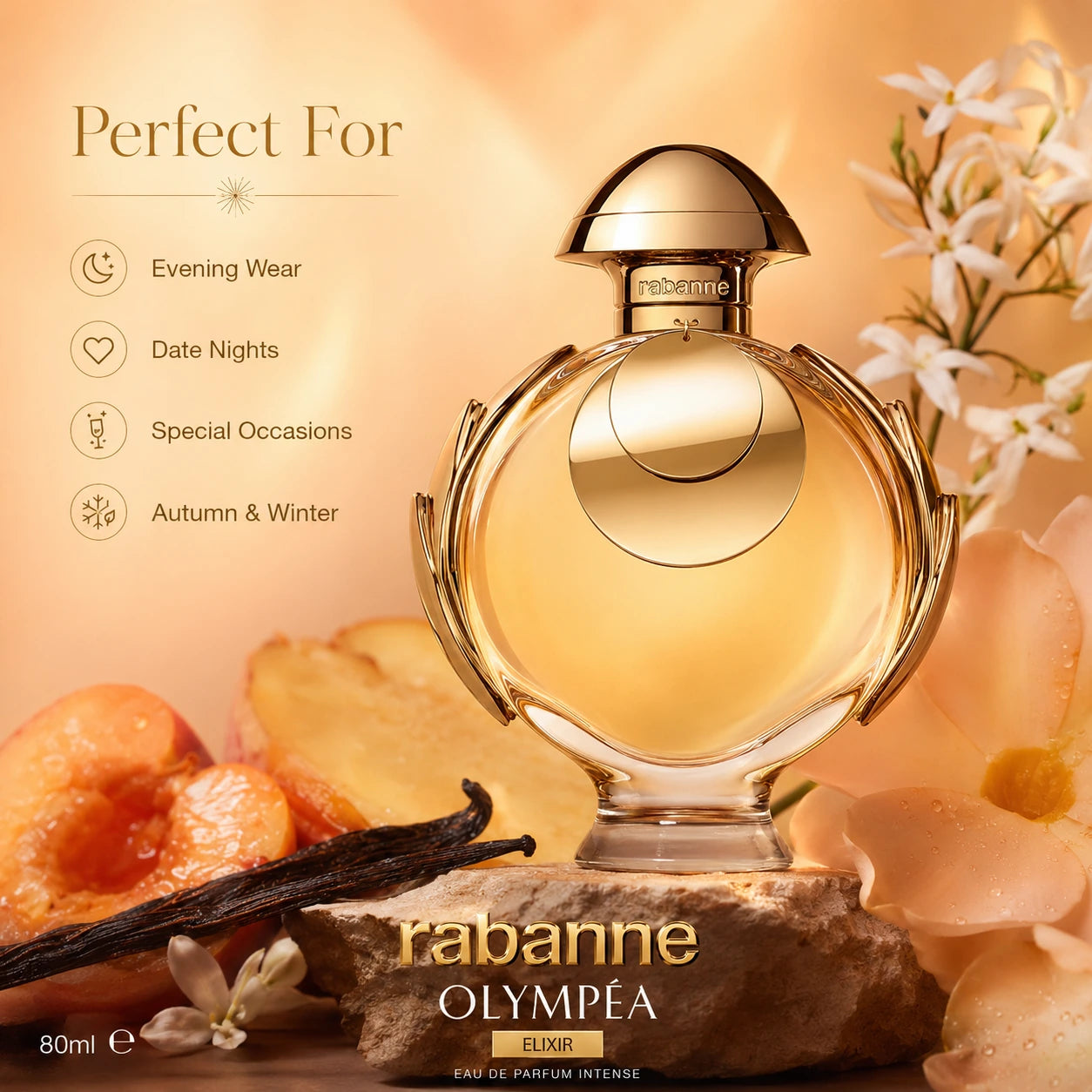 Rabanne Olympéa Elixir EDP Intense 80ml base notes image with rich warm golden ambiance expressing sensual depth and intensity.
