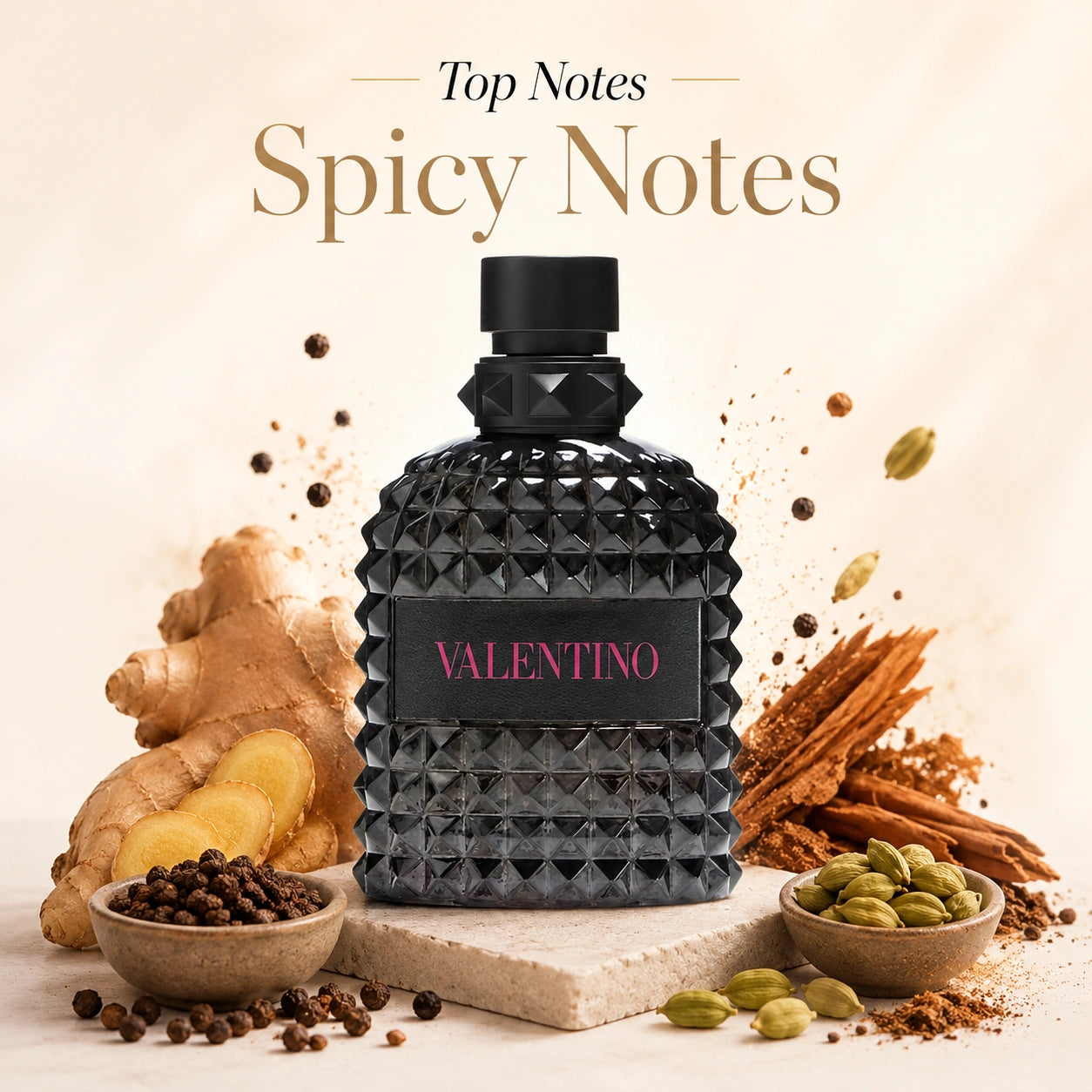 Valentino Uomo Born In Roma Extradose Parfum top notes image with spicy notes at Gadgets Online NZ