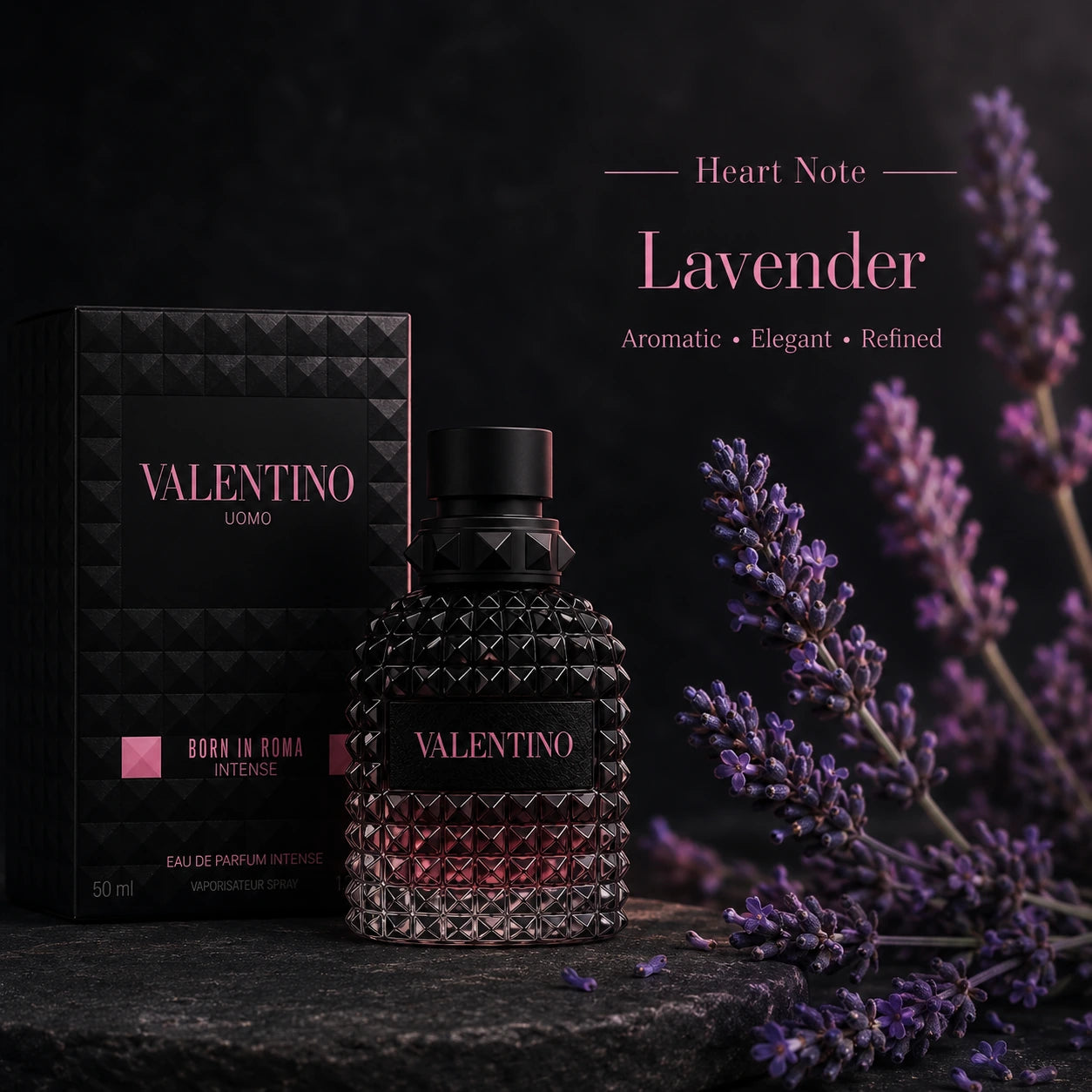 Valentino Uomo Born In Roma Intense EDP 50ml for men heart note image showing lavender with aromatic elegant refined character at Gadgets Online NZ