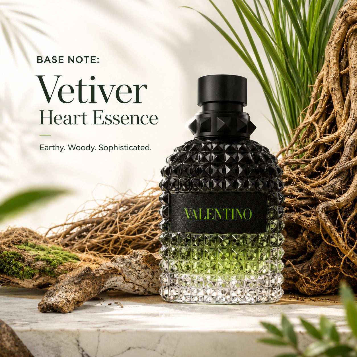 Valentino Uomo Born In Roma Green Stravaganza EDT base note image with vetiver heart essence at Gadgets Online NZ