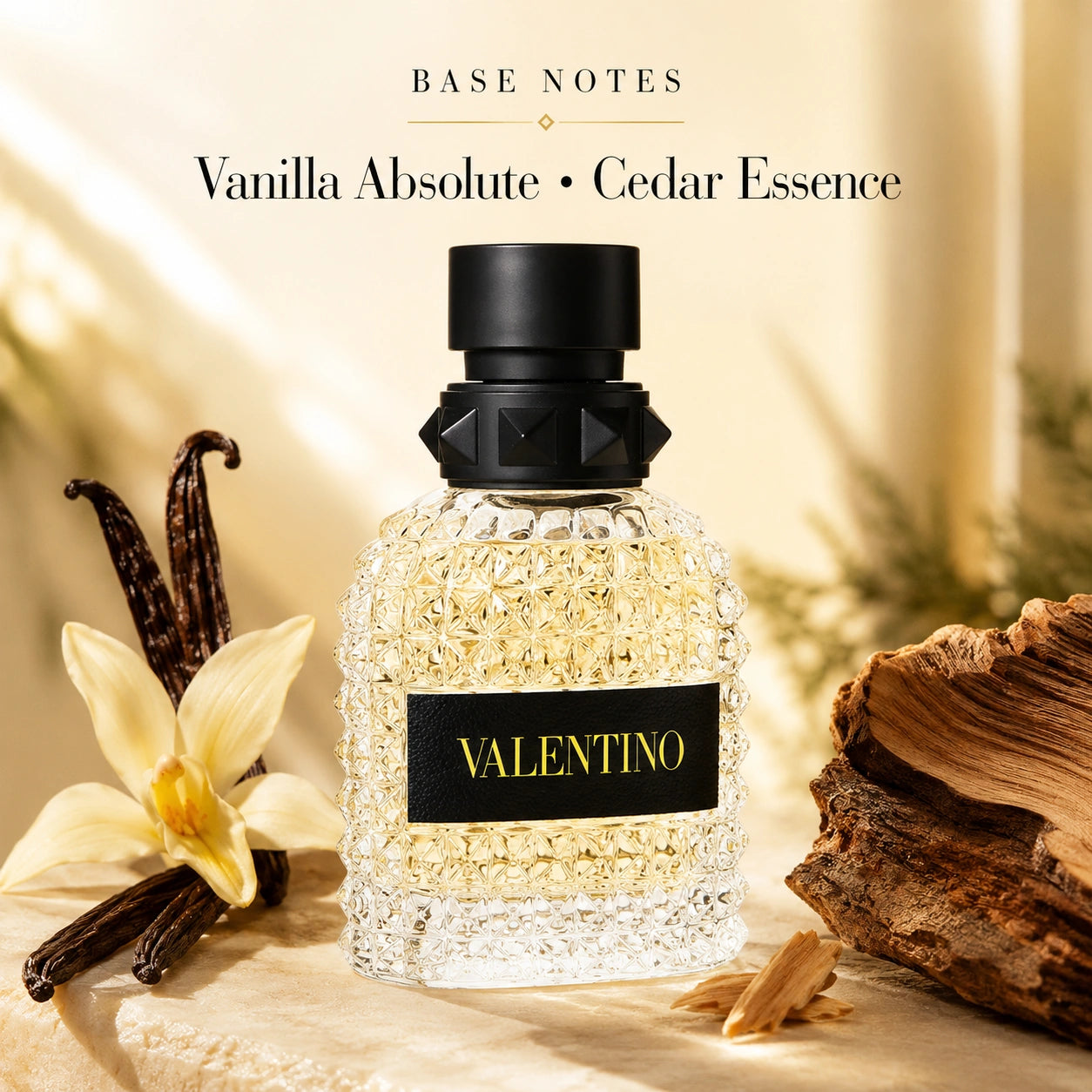 Valentino Uomo Born In Roma Yellow Dream EDT base notes image with vanilla absolute and cedar essence at Gadgets Online NZ