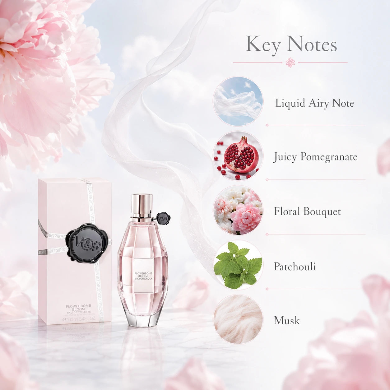 Viktor & Rolf Flowerbomb Bloom EDT 100ml base notes image with patchouli and musk styled in a soft clean floral setting.