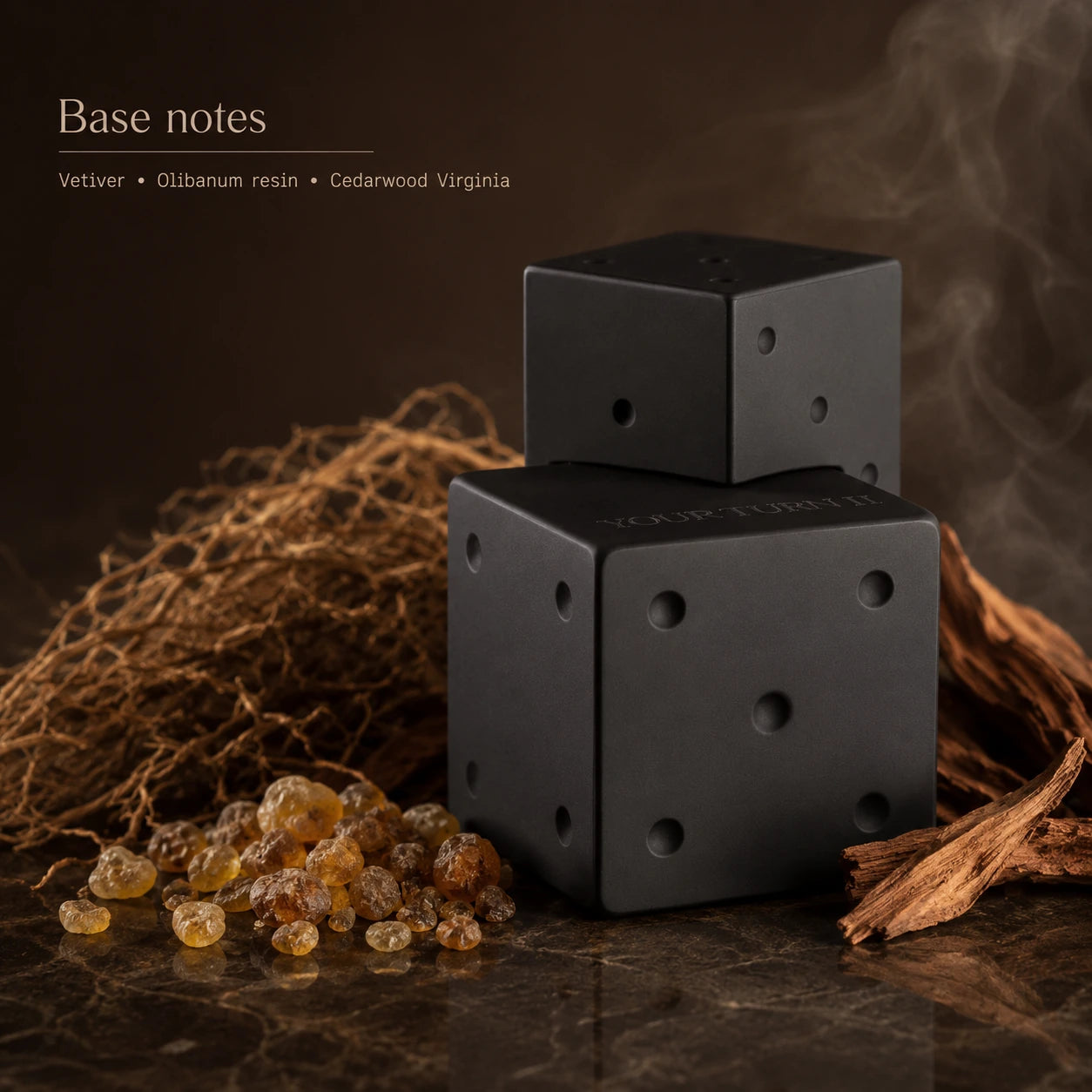 Billie Eilish Your Turn II base notes perfume image with natural vetiver, olibanum resin, and cedarwood Virginia.