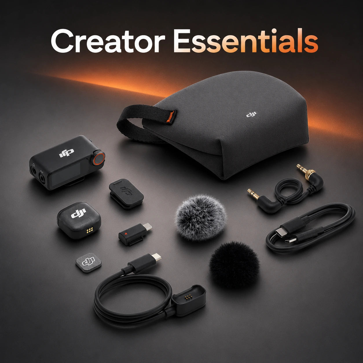 Collection of video production accessories on a dark surface with 'Creator Essentials' text.
