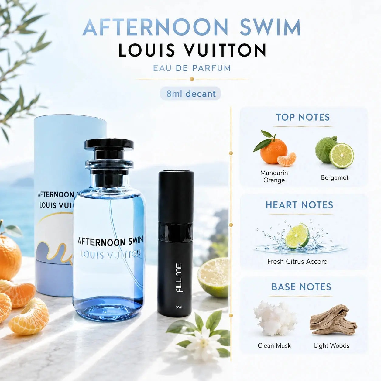 Louis Vuitton Afternoon Swim fragrance notes infographic showing top, heart and base notes with the 8ml Fill Me atomiser and full-size fragrance reference.
