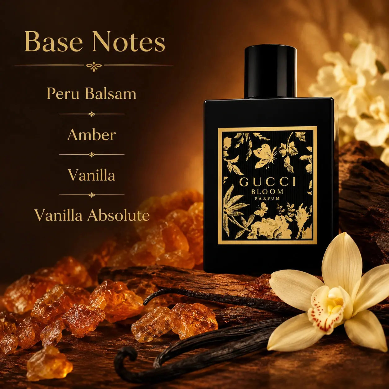 Gucci Bloom Parfum 50ml base notes image with Peru Balsam, Amber, Vanilla and Vanilla Absolute at Gadgets Online NZ
