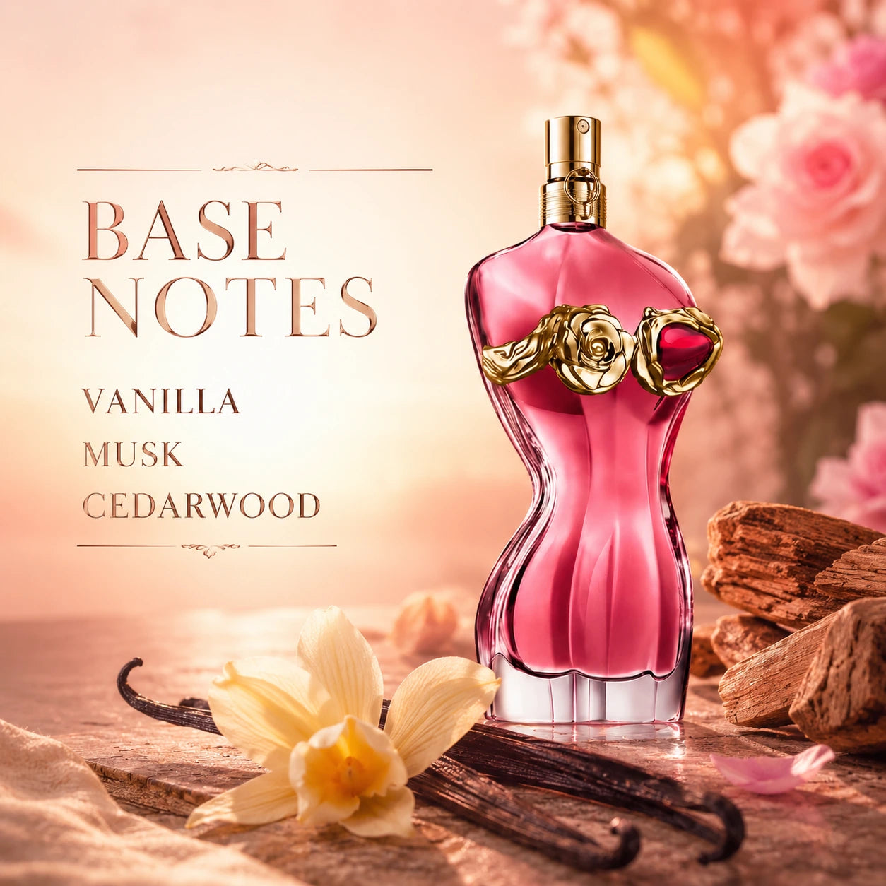 Jean Paul Gaultier La Belle Rosea EDP 100ml base notes image showing vanilla musk and cedarwood at Gadgets Online NZ