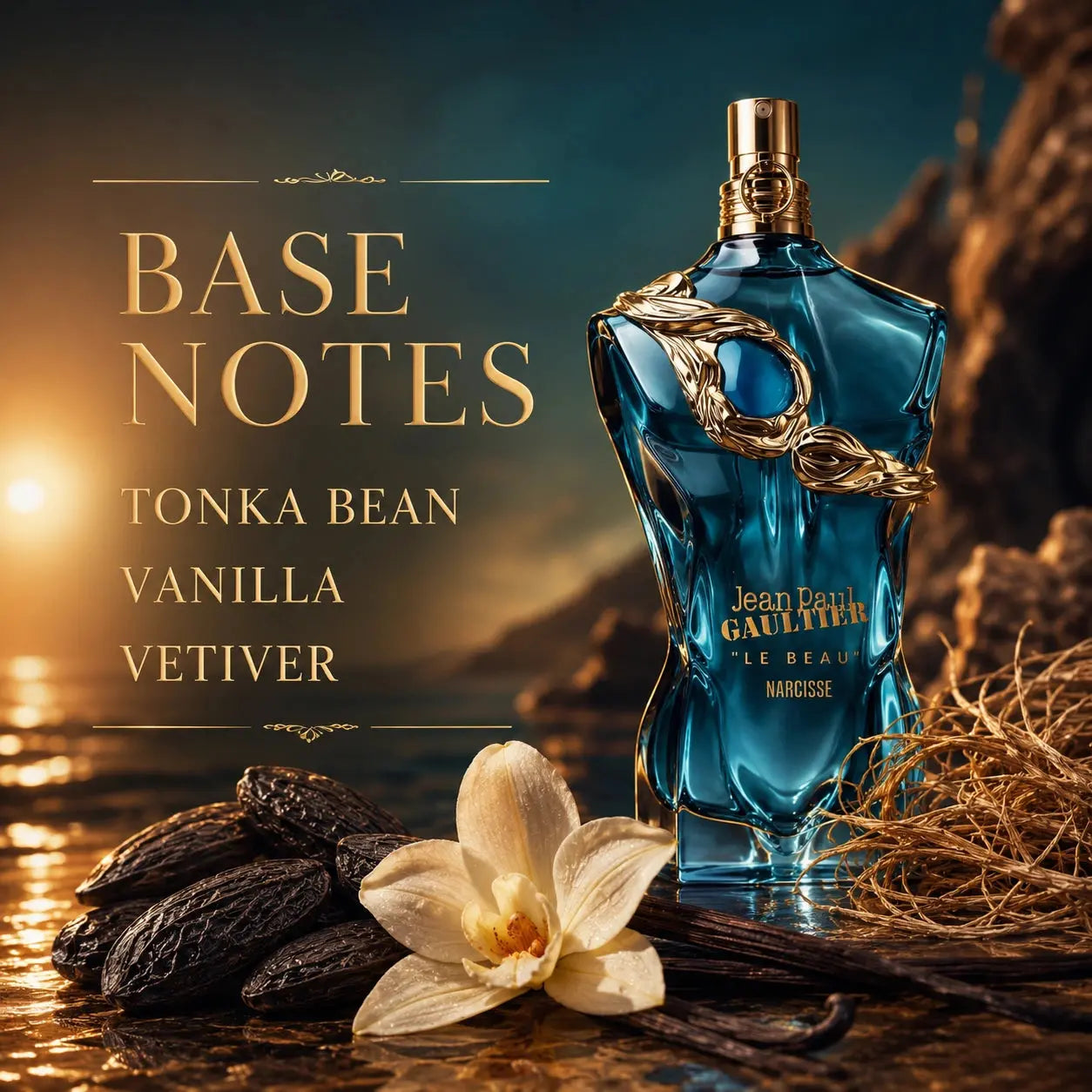 Jean Paul Gaultier Le Beau Narcisse EDP 75ml base notes image showing tonka bean vanilla and vetiver at Gadgets Online NZ