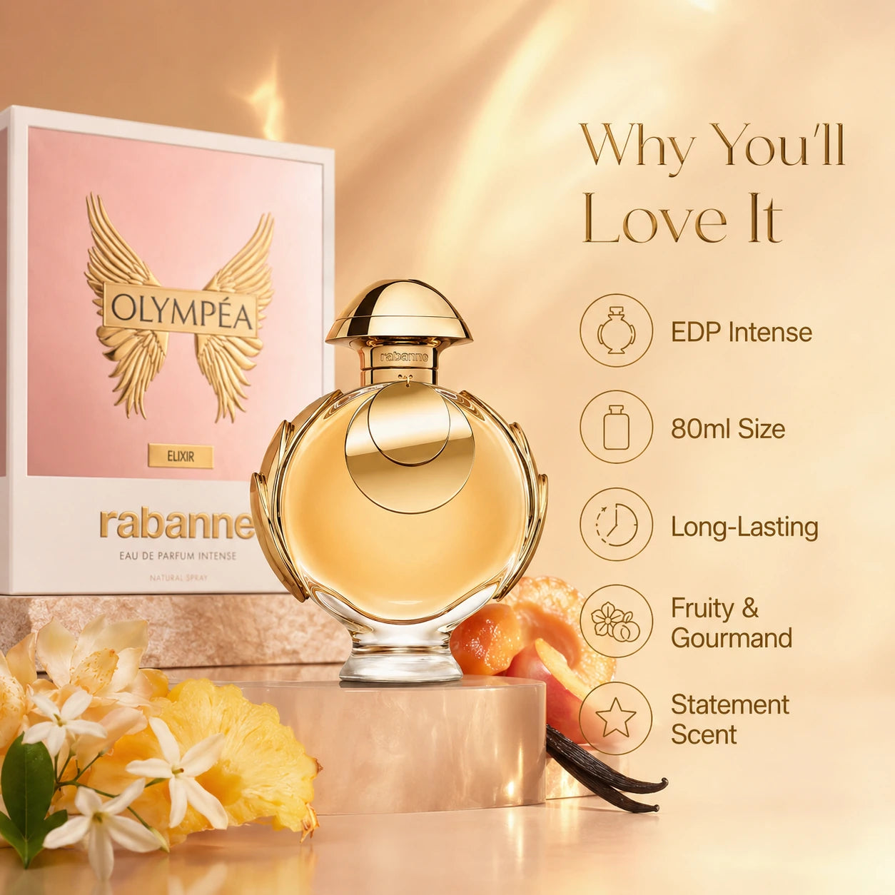 Rabanne Olympéa Elixir EDP Intense 80ml fragrance story image with the original bottle presented in a premium luxurious gold-toned scene.
