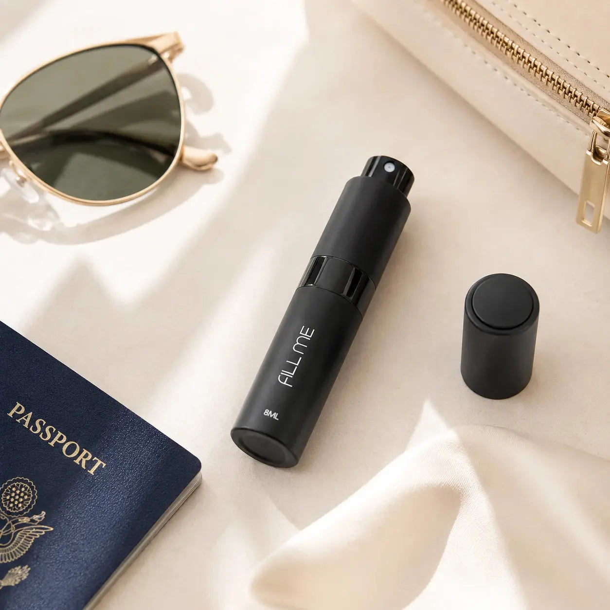 Fill Me refillable 8ml travel perfume atomiser bottle black lifestyle image styled with travel essentials for handbag, carry-on, gym bag, and daily use.