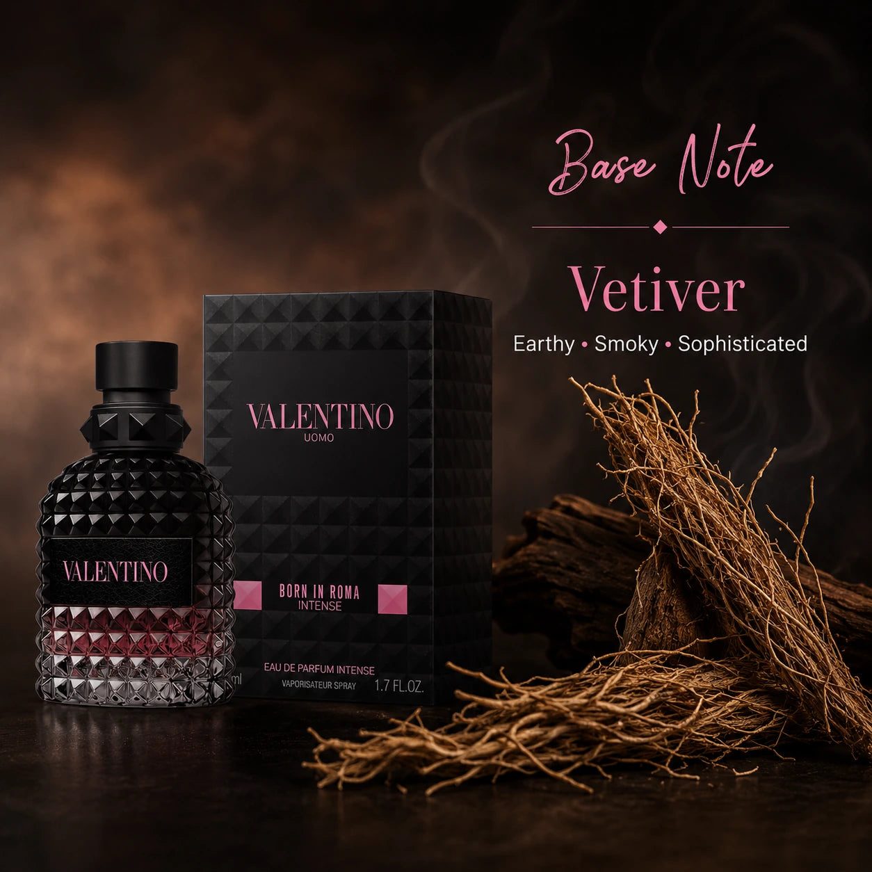 Valentino Uomo Born In Roma Intense EDP 50ml for men base note image showing vetiver with earthy smoky sophisticated character at Gadgets Online NZ