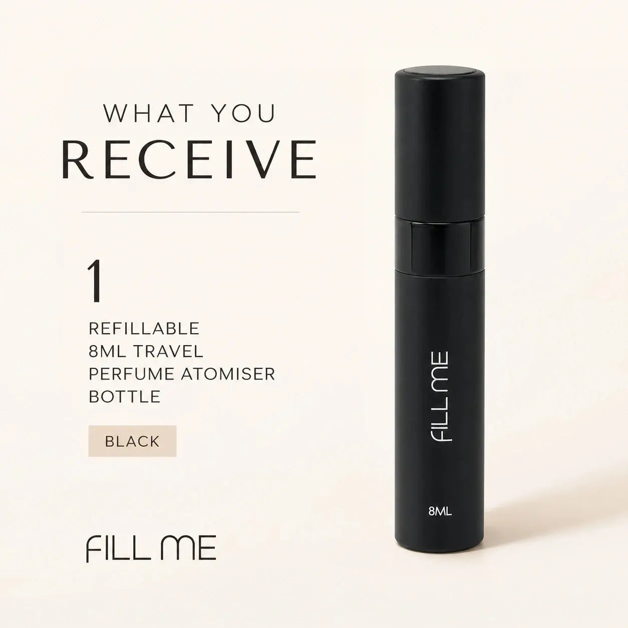 Fill Me refillable 8ml travel perfume atomiser bottle black dimensions infographic showing height 94mm, body diameter 21.5mm, 8ml capacity, and round shape.