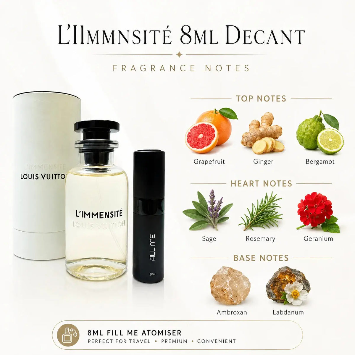 Louis Vuitton L'Immensité 8ml decant full fragrance notes infographic showing top, heart and base notes with product reference and Fill Me atomiser.