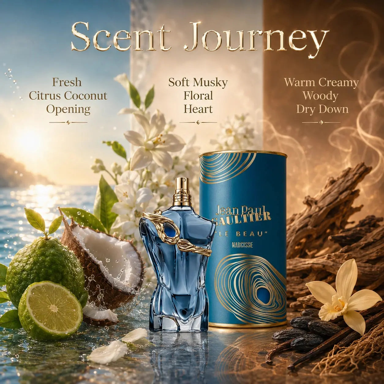 Jean Paul Gaultier Le Beau Narcisse EDP 75ml scent journey image showing fresh citrus coconut opening soft musky floral heart and warm creamy woody dry down at Gadgets Online NZ