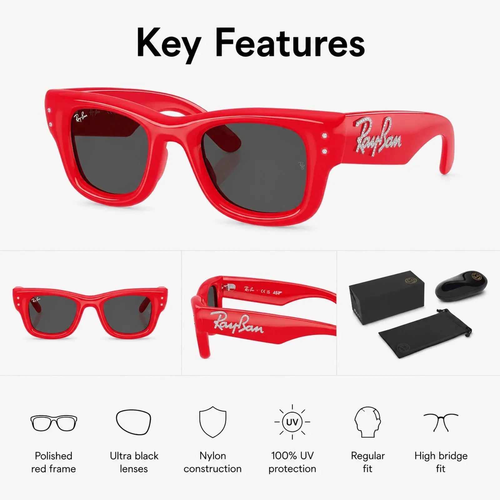 Red Ray-Ban sunglasses with key features listed on a white background