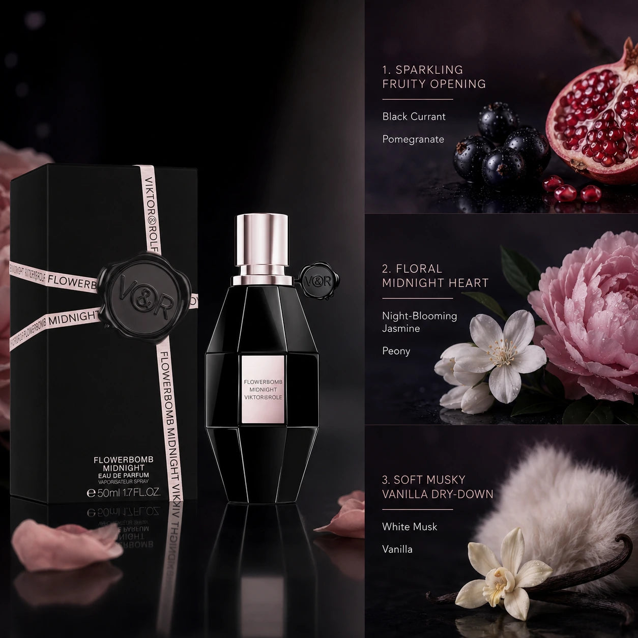 Lifestyle mood image for Viktor & Rolf Flowerbomb Midnight EDP 50ml with elegant evening floral styling.