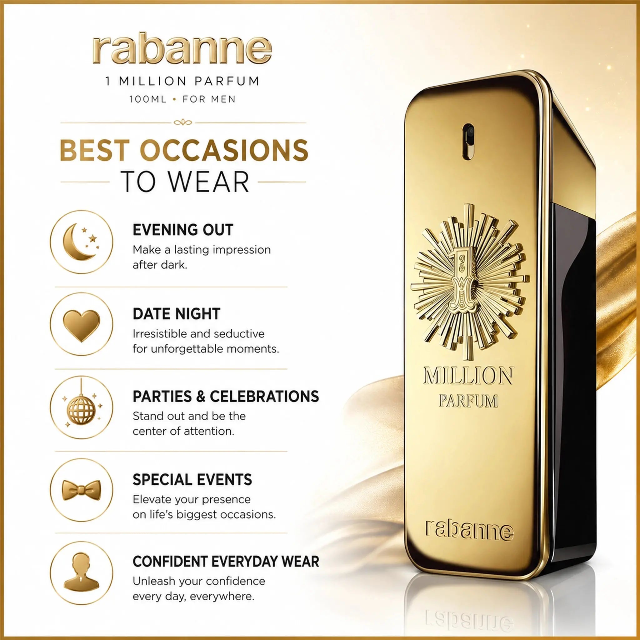 Rabanne 1 Million Parfum bottle with promotional text on a white background