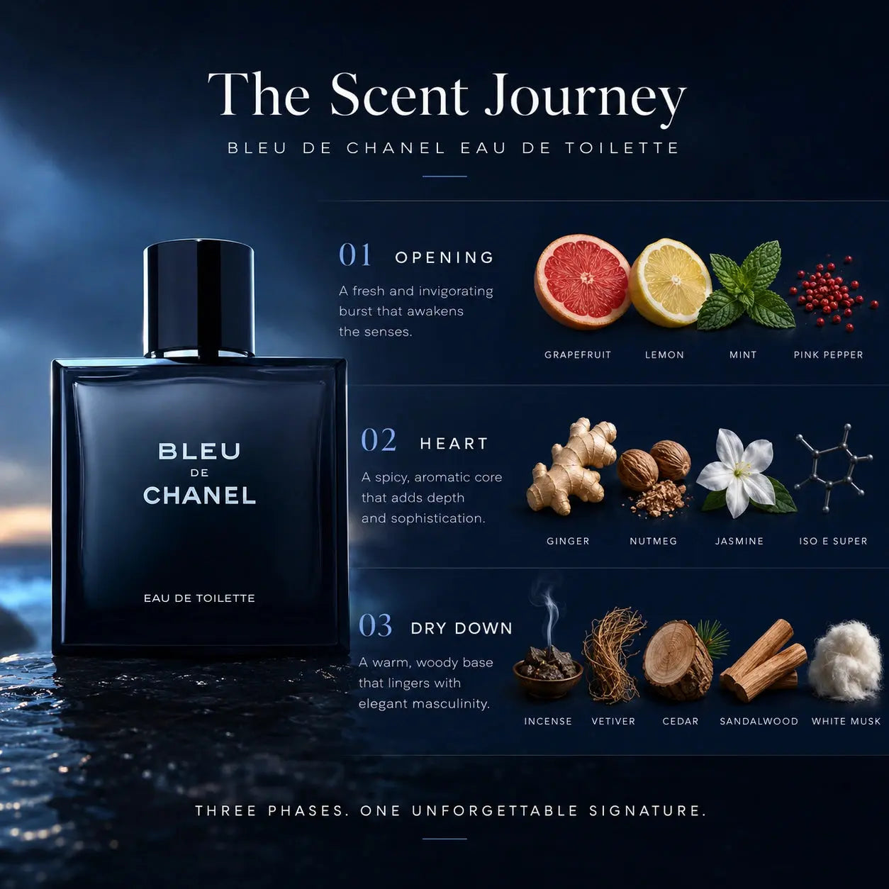Chanel Bleu De Chanel scent journey infographic showing opening, heart and dry down notes at Gadgets Online NZ