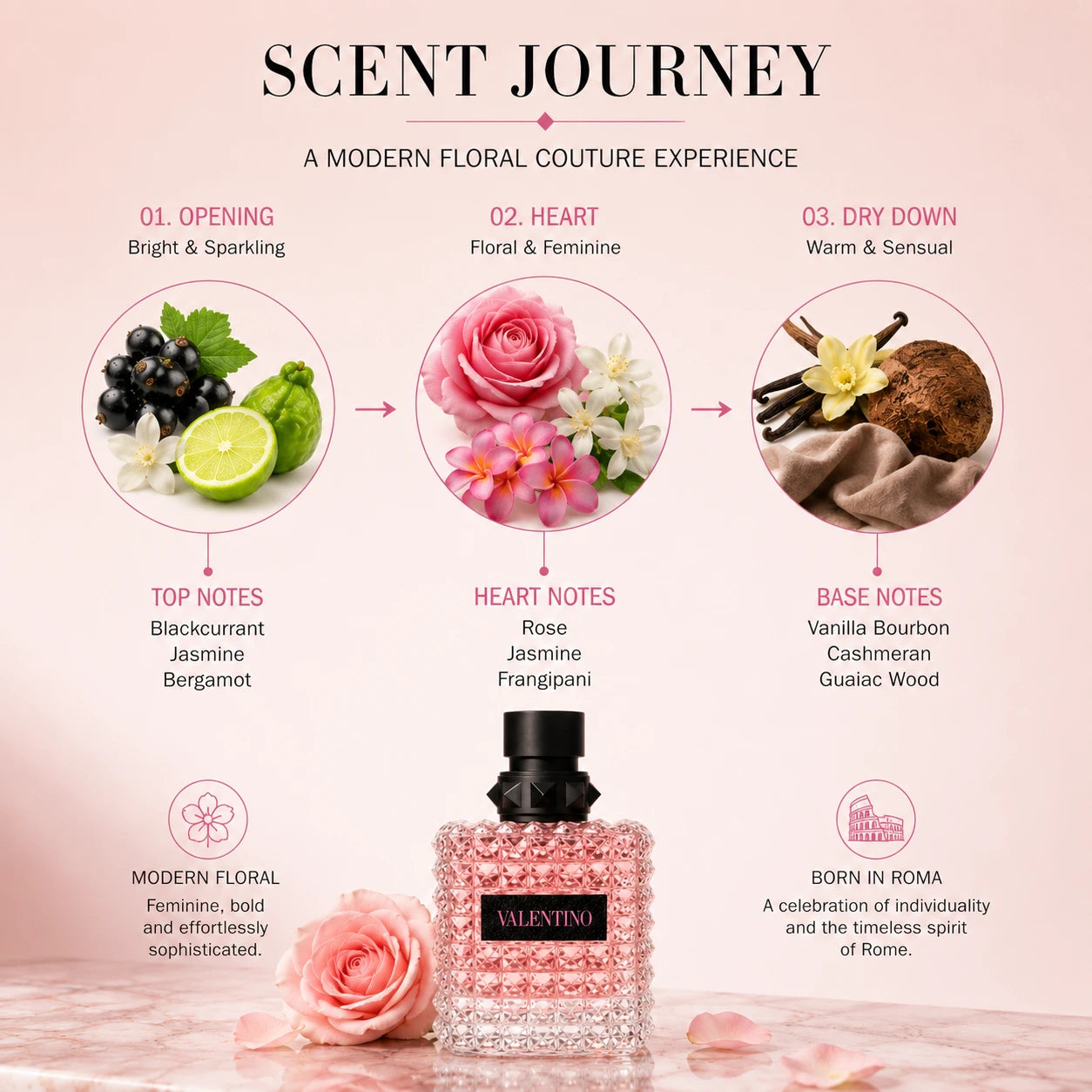 Valentino Donna Born In Roma EDP scent journey fragrance notes infographic image