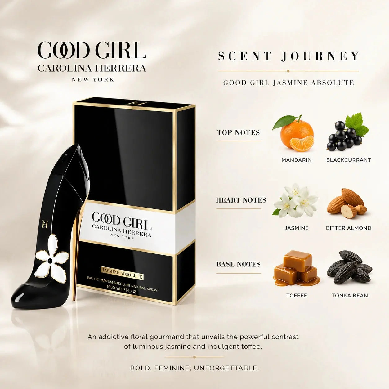 Carolina Herrera Good Girl Jasmine Absolute EDP 50ml scent journey infographic showing top heart and base notes at Gadgets Online NZ