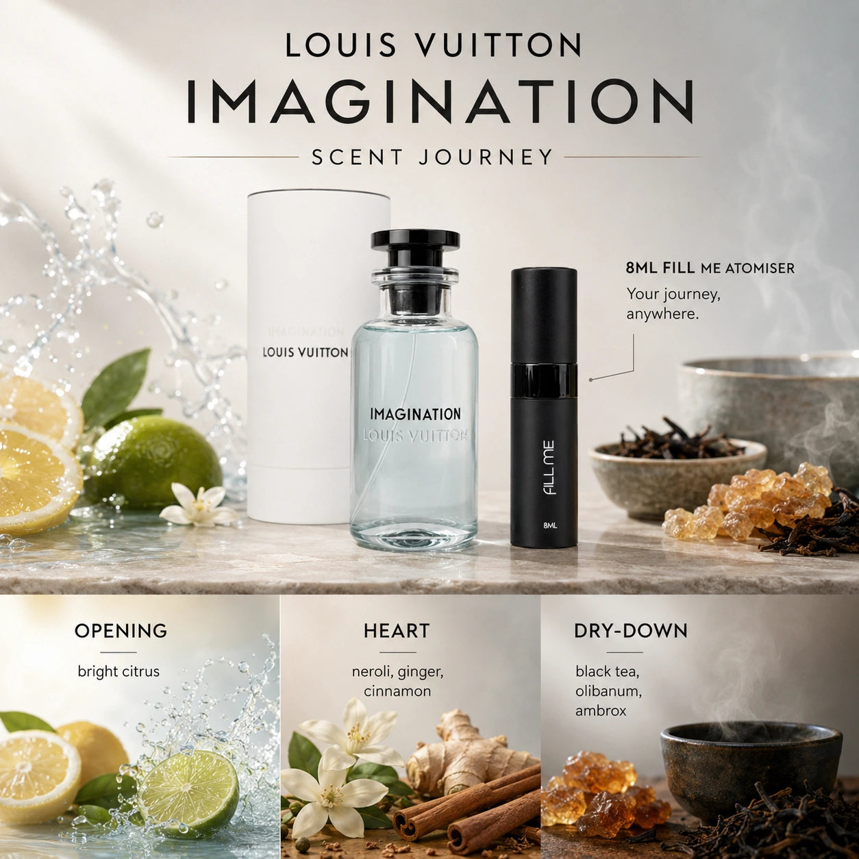 Louis Vuitton Imagination 8ml Fill Me decant scent journey image showing opening citrus freshness, warm spicy heart, and smoky tea resin dry-down.