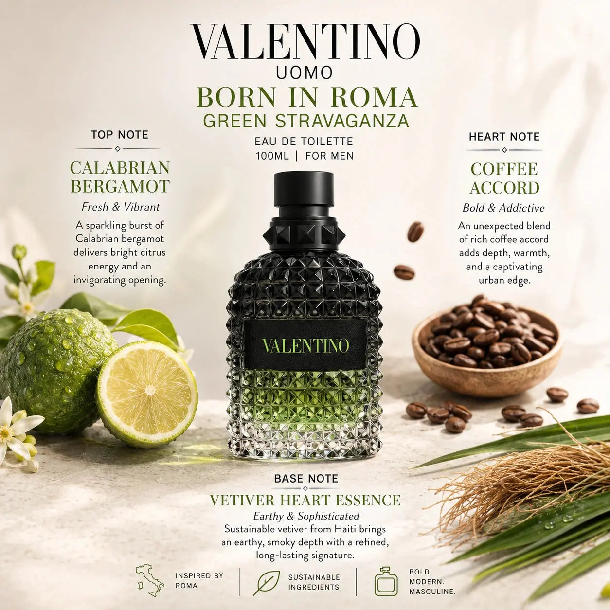 Valentino Uomo Born In Roma Green Stravaganza EDT scent journey with bergamot, coffee and vetiver
