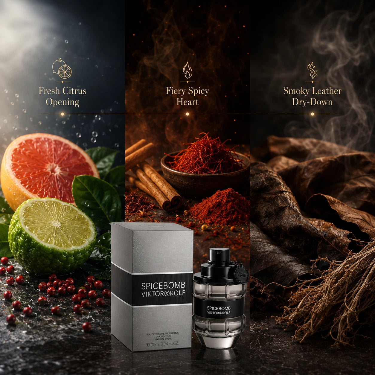 Scent journey image for Viktor & Rolf Spicebomb EDT 90ml for men illustrating the transition from fresh spicy opening to warm smoky dry-down.