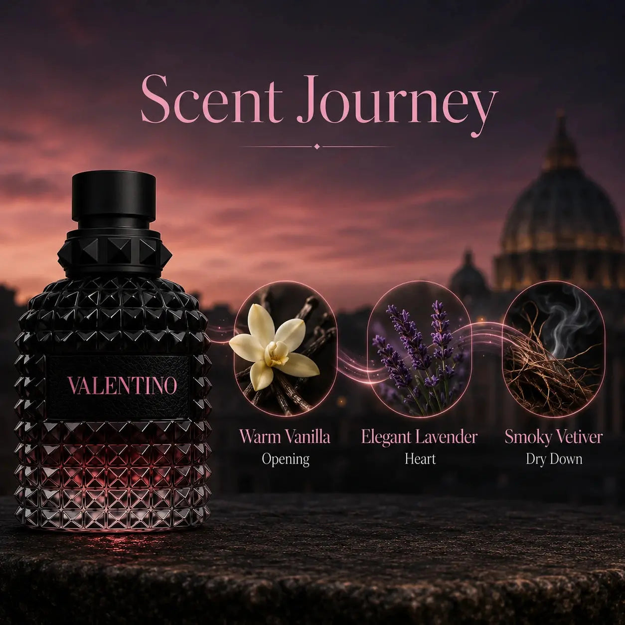 Valentino Uomo Born In Roma Intense EDP 50ml for men scent journey image showing warm vanilla opening elegant lavender heart and smoky vetiver dry down at Gadgets Online NZ