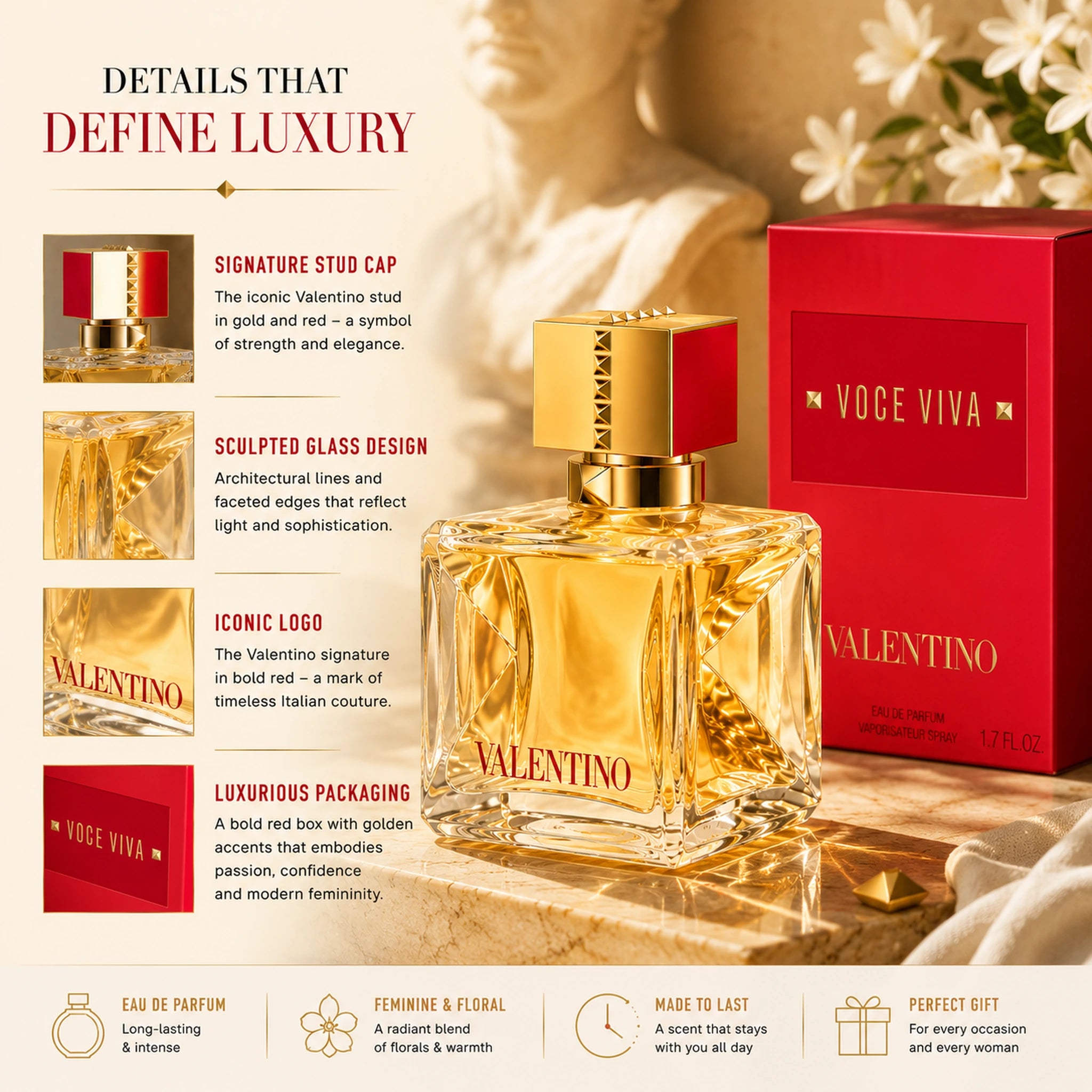 Valentino Voce Viva 50ml EDP Women luxury bottle details and packaging image at Gadgets Online NZ