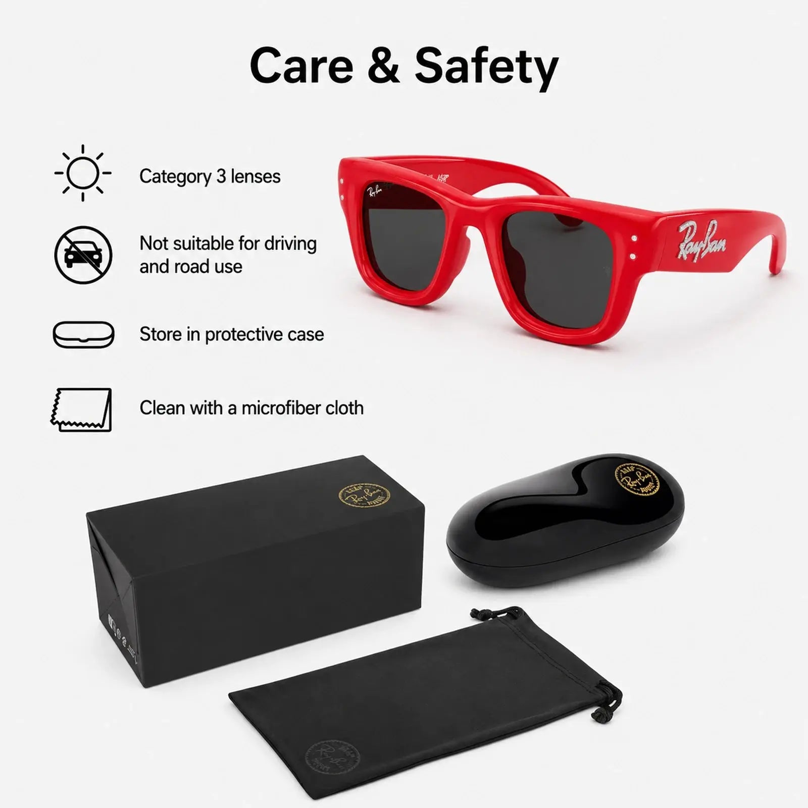Red Ray-Ban sunglasses with care instructions on a white background