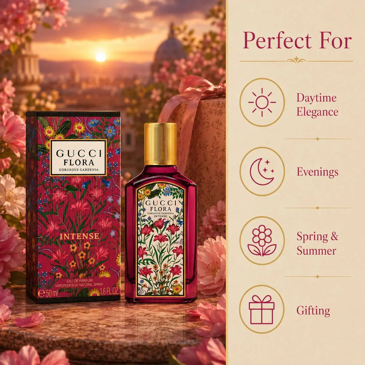 Gucci Flora Gorgeous Gardenia Intense EDP 50ml perfect for image showing daytime elegance evenings spring and summer and gifting at Gadgets Online NZ