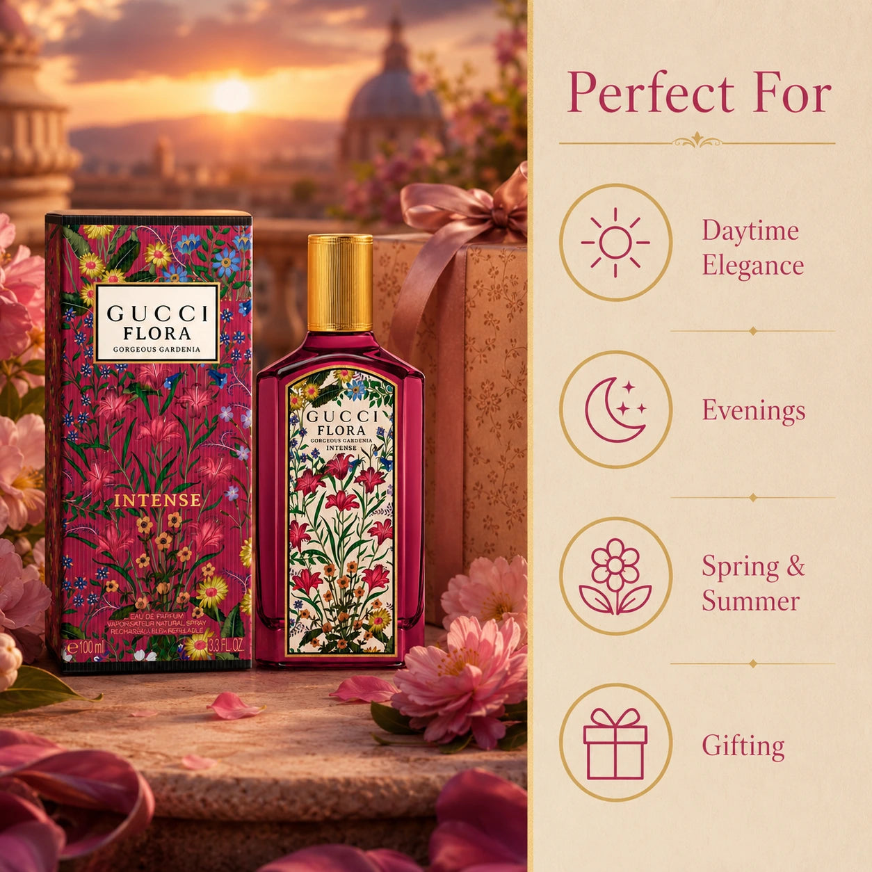 Gucci Flora Gorgeous Gardenia Intense EDP 100ml perfect for image showing daytime elegance evenings spring and summer and gifting at Gadgets Online NZ