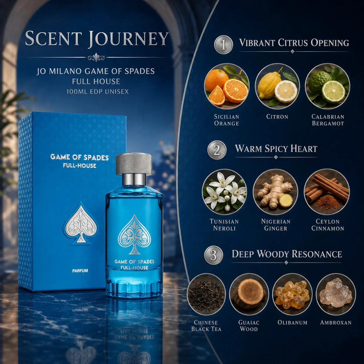 Jo Milano Game Of Spades Full House 100ml EDP fragrance notes infographic with citrus spicy and woody accords at Gadgets Online NZ